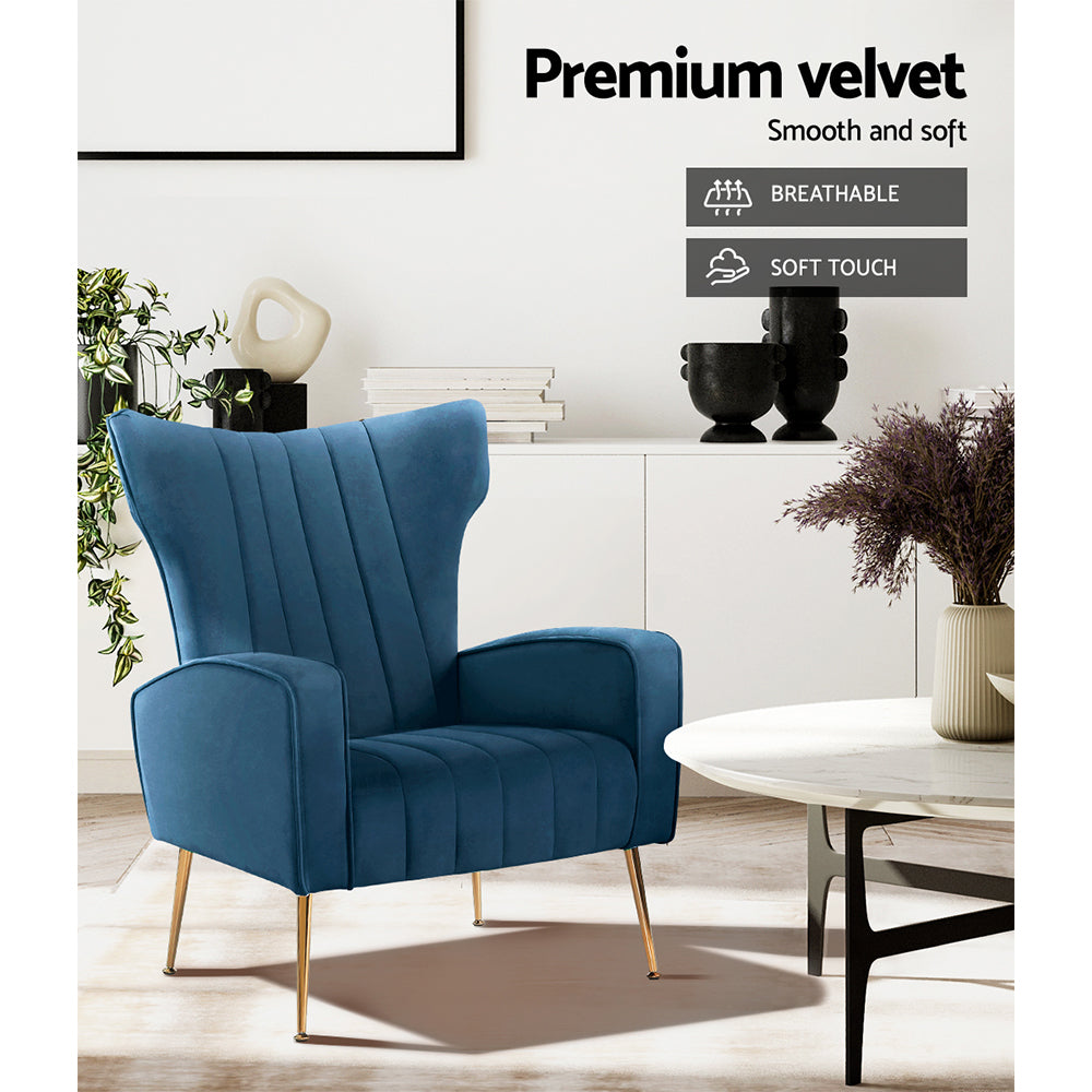 Velvet Sofa Navy Blue Accent Armchair - House Things Furniture > Living Room
