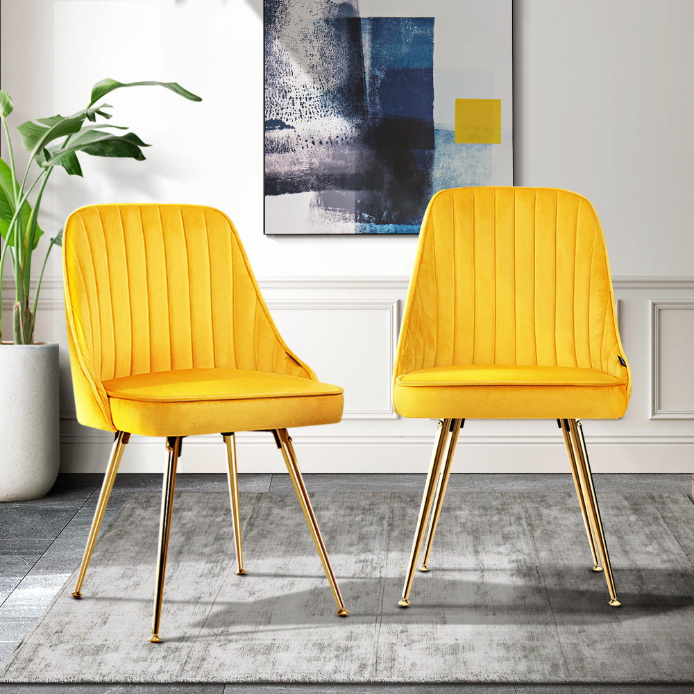 Set of 2 Retro Velvet Yellow Dining Chairs - House Things Furniture > Dining