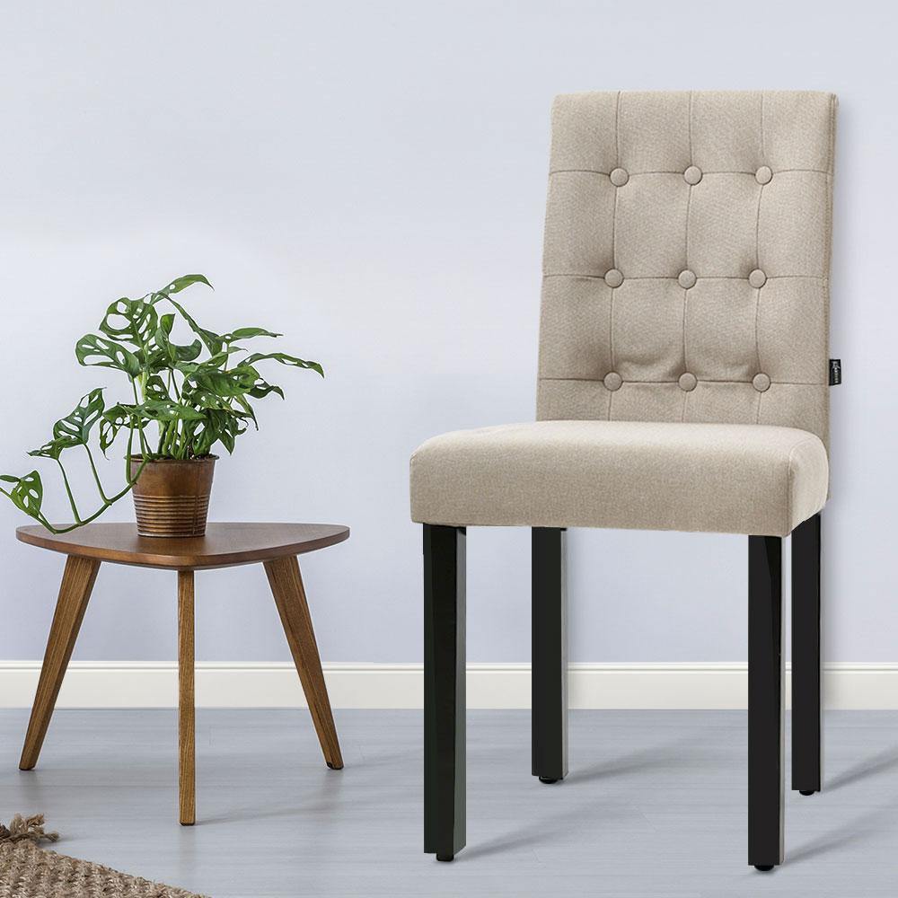 2 x DONA Dining Chair Fabric Foam Padded High Back Beige - Housethings 