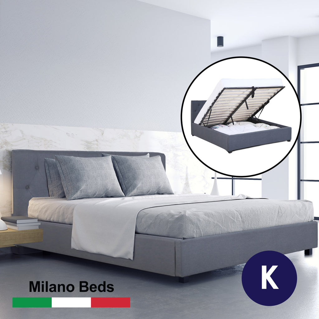 Milano Capri Luxury Gas Lift Bed Frame Base And Headboard With Storage - King - Grey - House Things Furniture > Bedroom