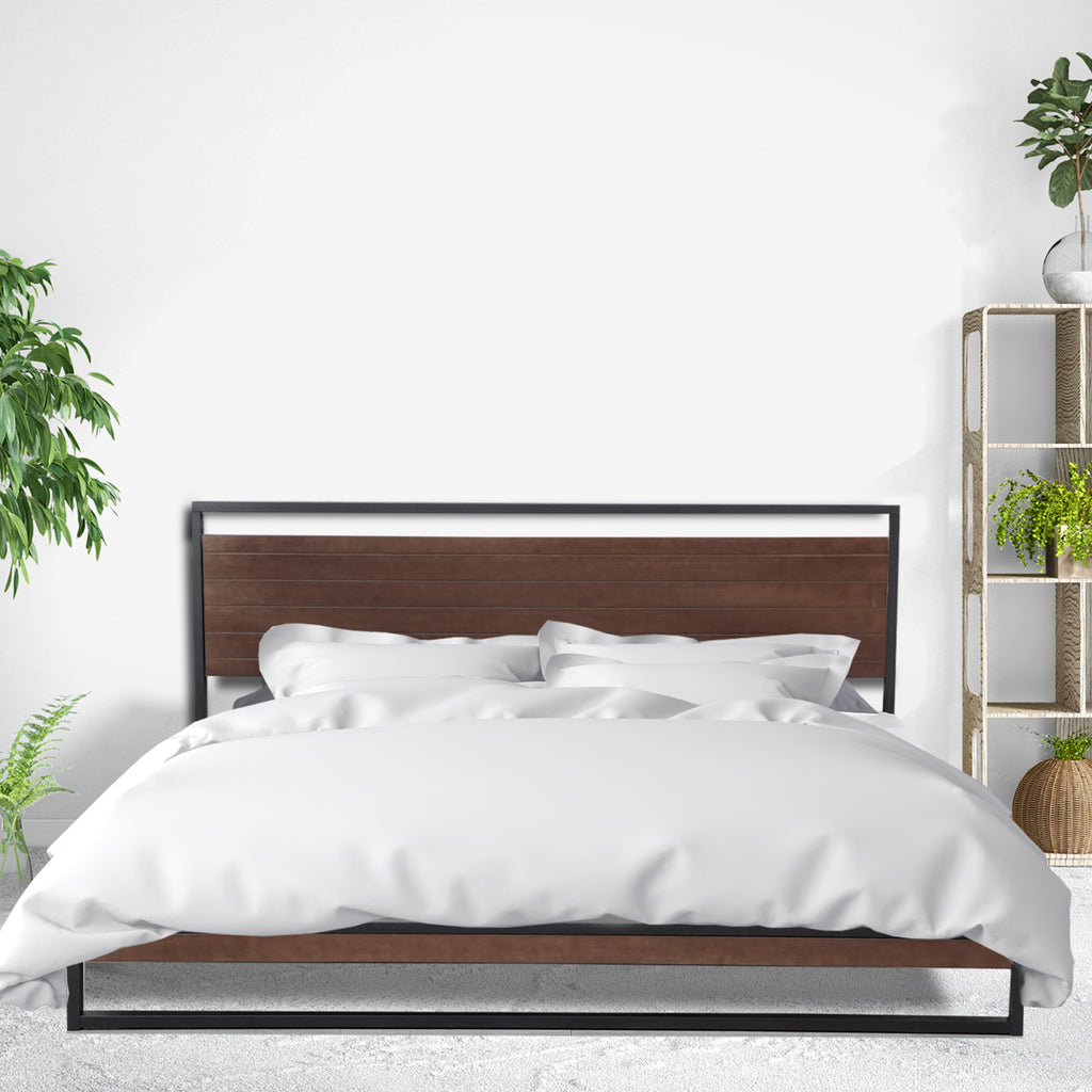 Tallah Steel Bed Frame with Wood Headboard Queen - House Things Home & Garden > Bedding