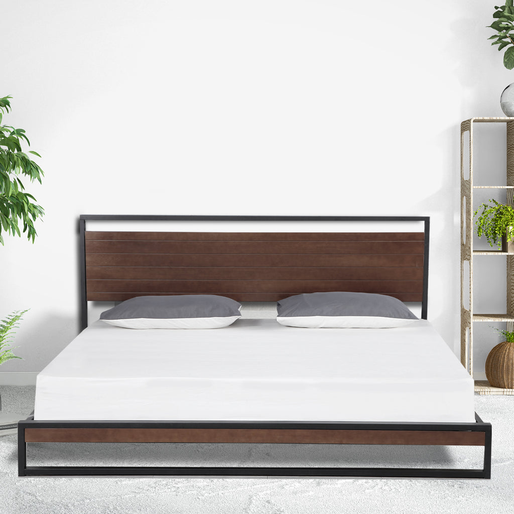 Tallah Steel Bed Frame with Wood Headboard Queen - House Things Home & Garden > Bedding