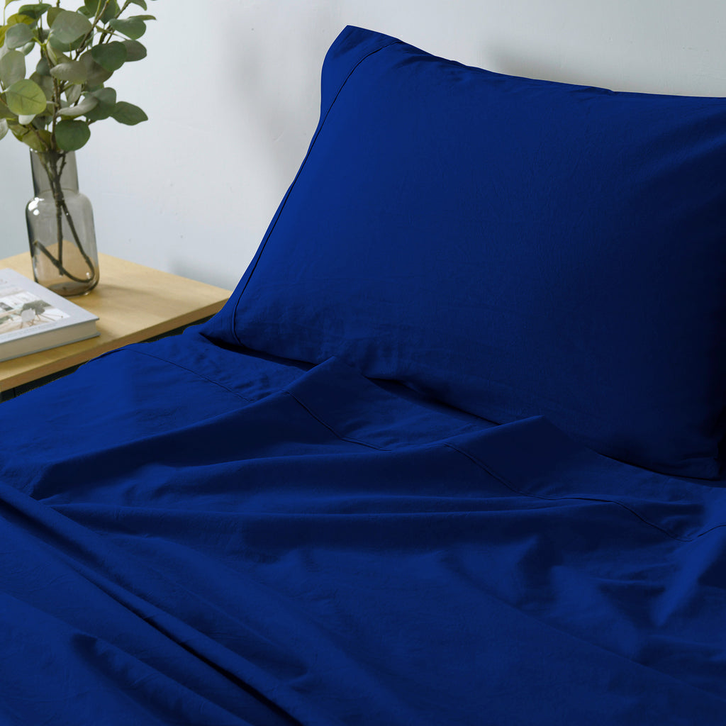 Royal Comfort Vintage Washed 100% Cotton Sheet Set Fitted Flat Sheet Pillowcases Single Royal Blue - House Things Home & Garden > Bedding