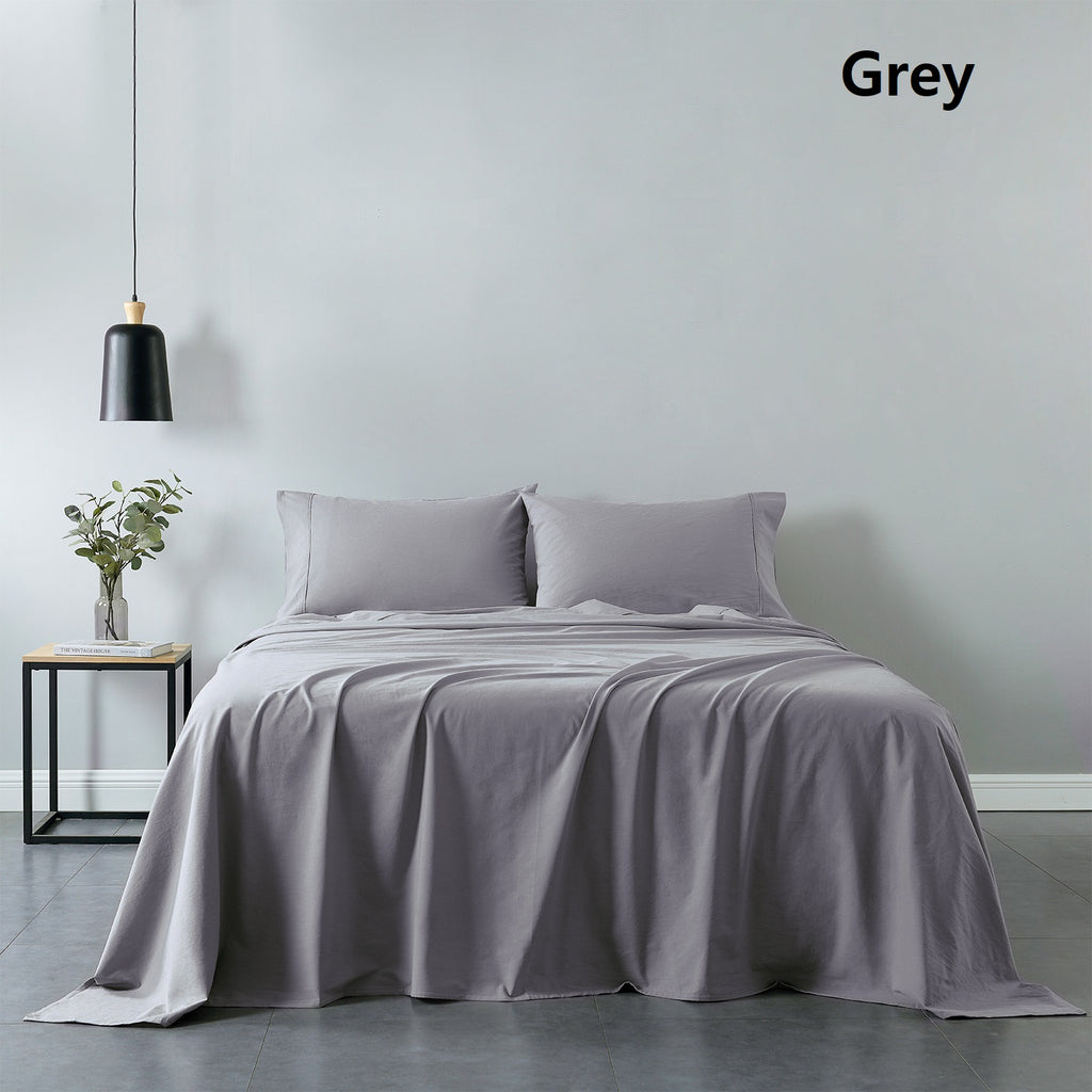 Royal Comfort Vintage Washed 100% Cotton Sheet Set Fitted Flat Sheet Pillowcases Queen Grey - House Things Home & Garden > Bedding