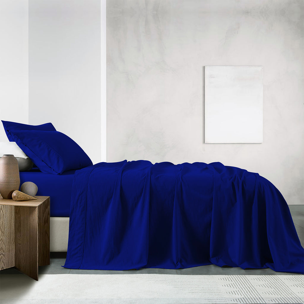 Royal Comfort Vintage Washed 100% Cotton Sheet Set Fitted Flat Sheet Pillowcases King Royal Blue - House Things Home & Garden > Bedding