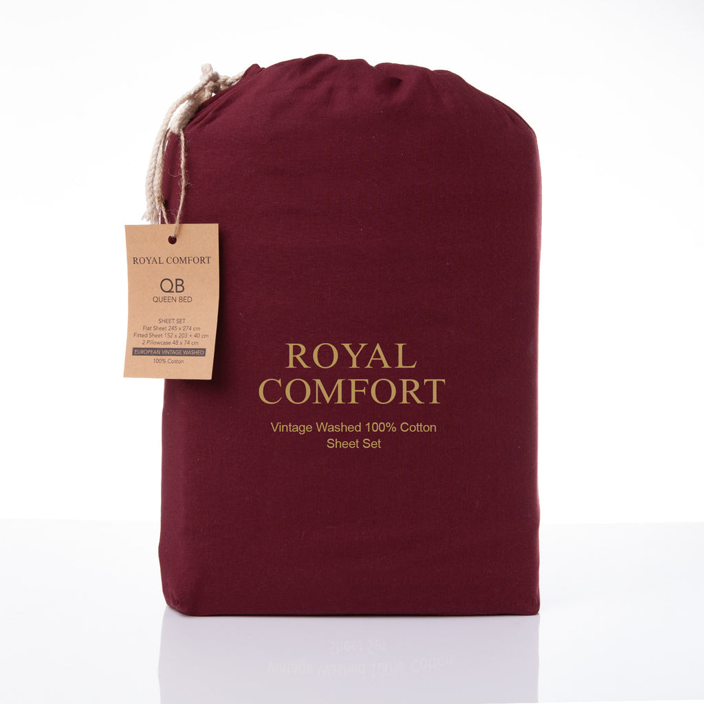 Royal Comfort Vintage Washed 100% Cotton Sheet Set Fitted Flat Sheet Pillowcases King Mulled Wine - House Things Home & Garden > Bedding