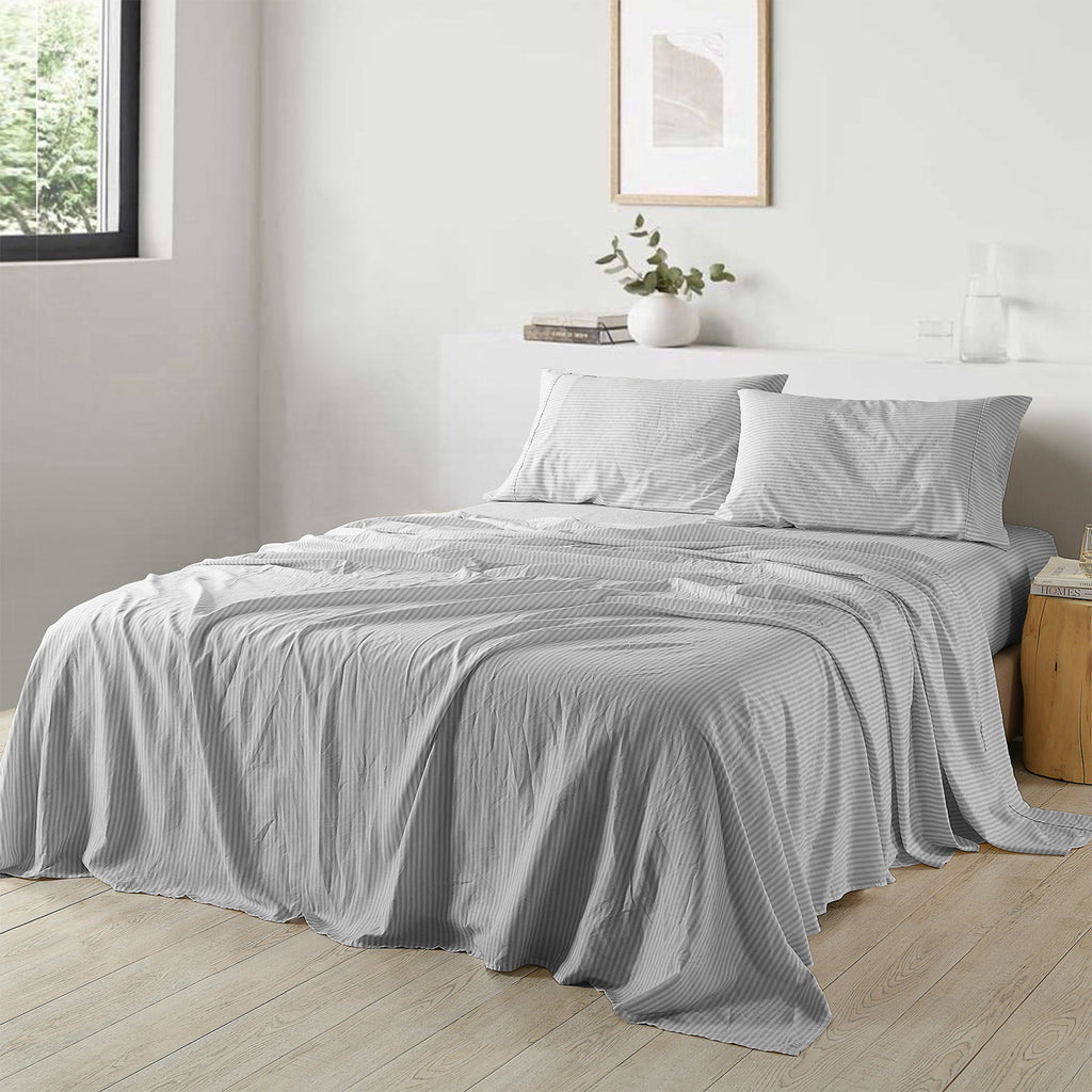 Royal Comfort Stripes Linen Blend Sheet Set Bedding Luxury Breathable Ultra Soft - King - Grey - House Things Home & Garden > Bedding