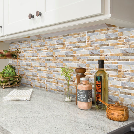 9PCS Mosaic Marble Bricks Self-adhesive Bathroom Kitchen Wall Tile Sticker Golden Fawn - House Things Home & Garden > Wallpaper