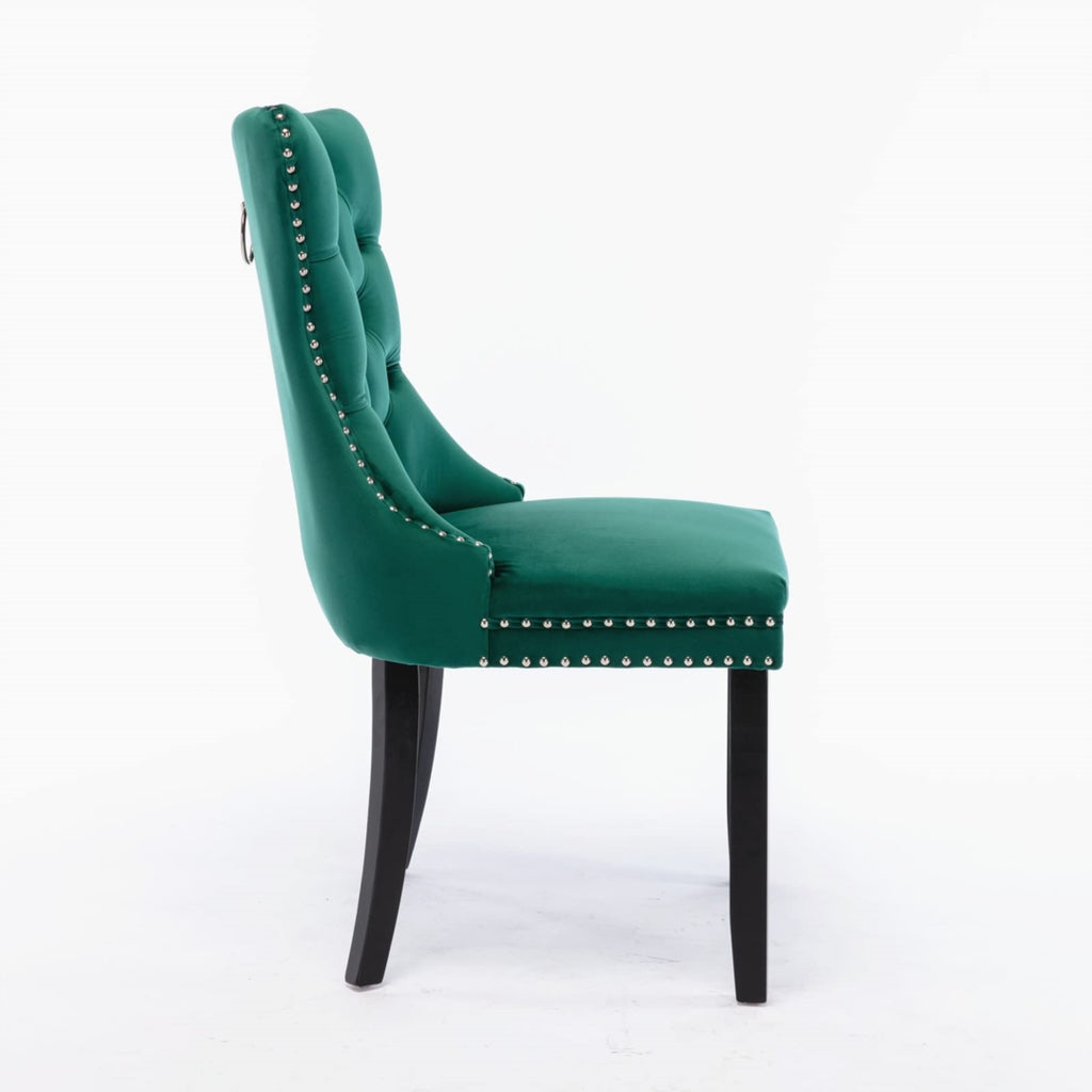 Set of 6 Green velvet dining chairs side view