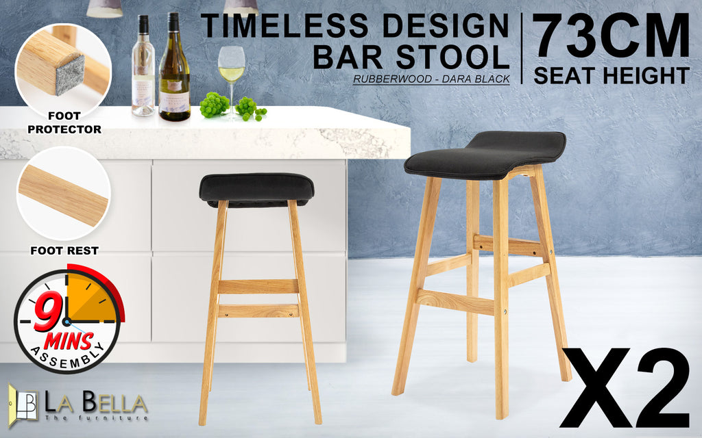 Demi 73cm Black Wooden Bar Stool Fabric Seat - Set of 2 - House Things Furniture > Bar Stools & Chairs