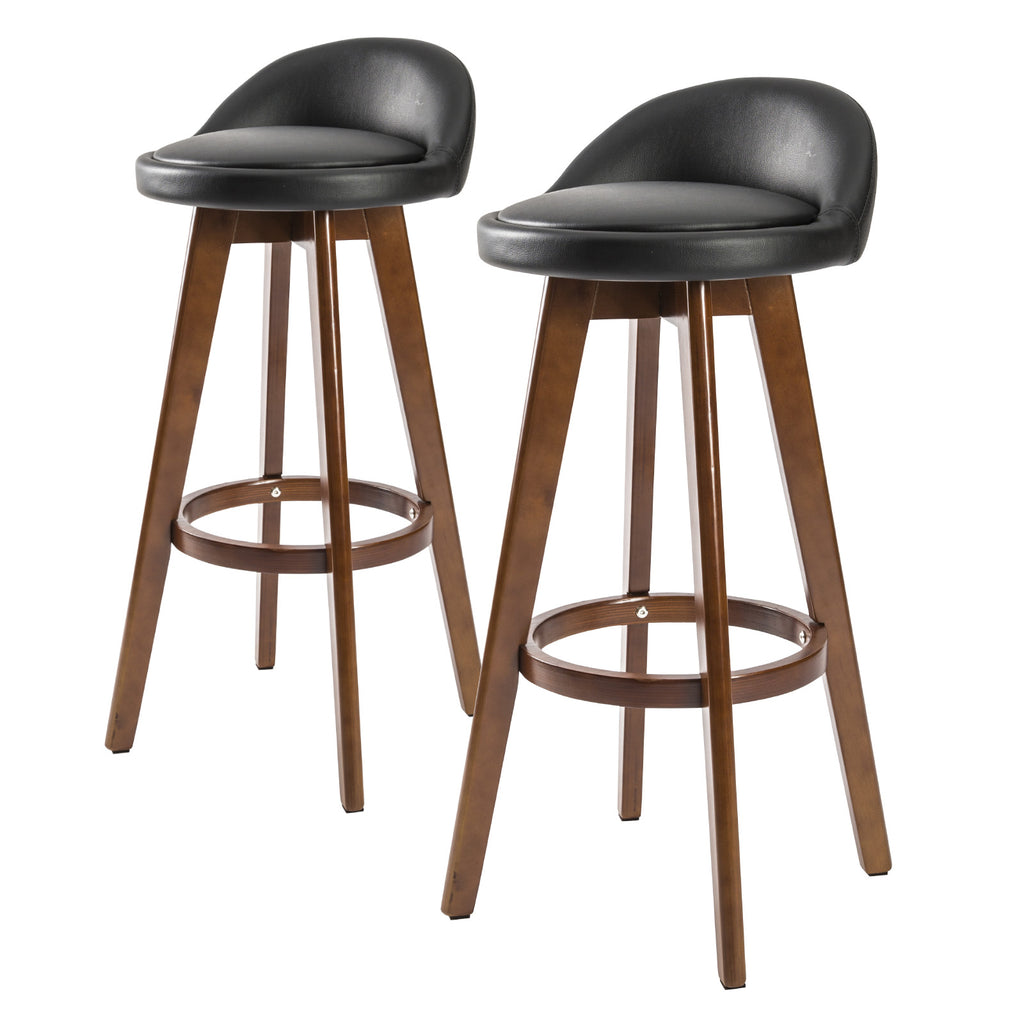 Set of 2 Ceaser Brown Wooden Bar Stool Black Leather Swivel Seat