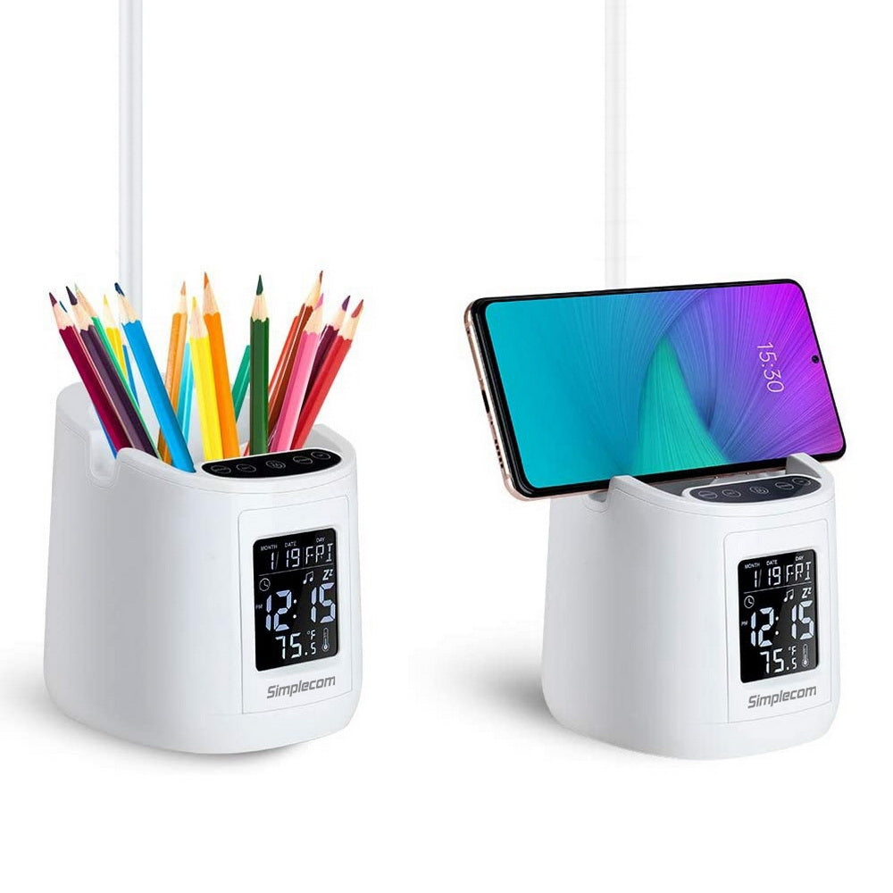 Simplecom EL621 LED Desk Lamp with Pen Holder and Digital Clock Rechargeable - House Things