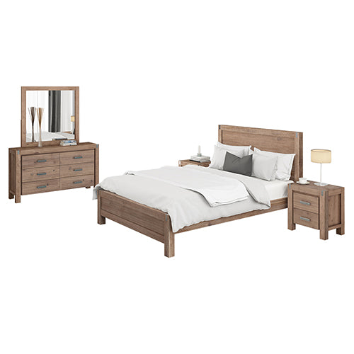4 Pieces Bedroom Suite in Solid Wood Veneered Acacia Construction Timber Slat Single Size Oak Colour Bed, Bedside Table & Dresser - House Things