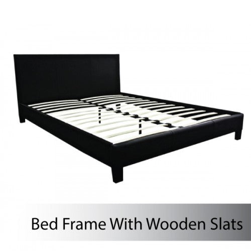 Queen Size Leatheratte Bed Frame in Black Colour with Metal Joint Slat Base - House Things Furniture > Bedroom