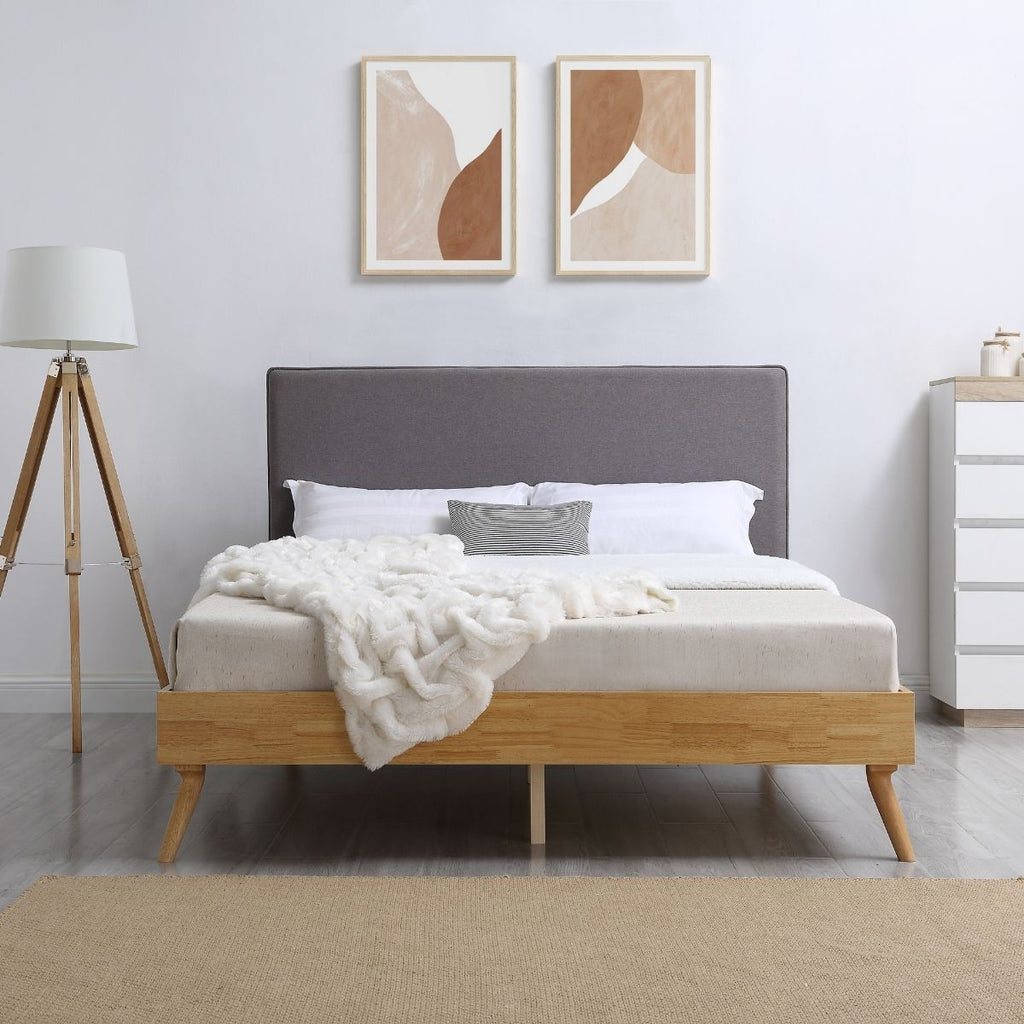 Natural Oak Ensemble Bed Frame Wooden Slat Fabric Headboard Queen - House Things Furniture > Bedroom