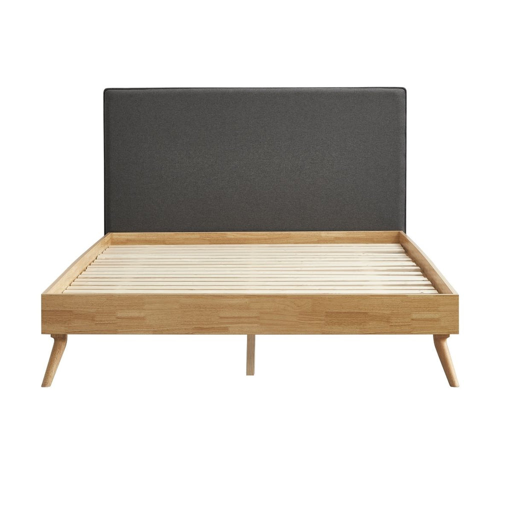 Natural Oak Ensemble Bed Frame Wooden Slat Fabric Headboard Queen - House Things Furniture > Bedroom