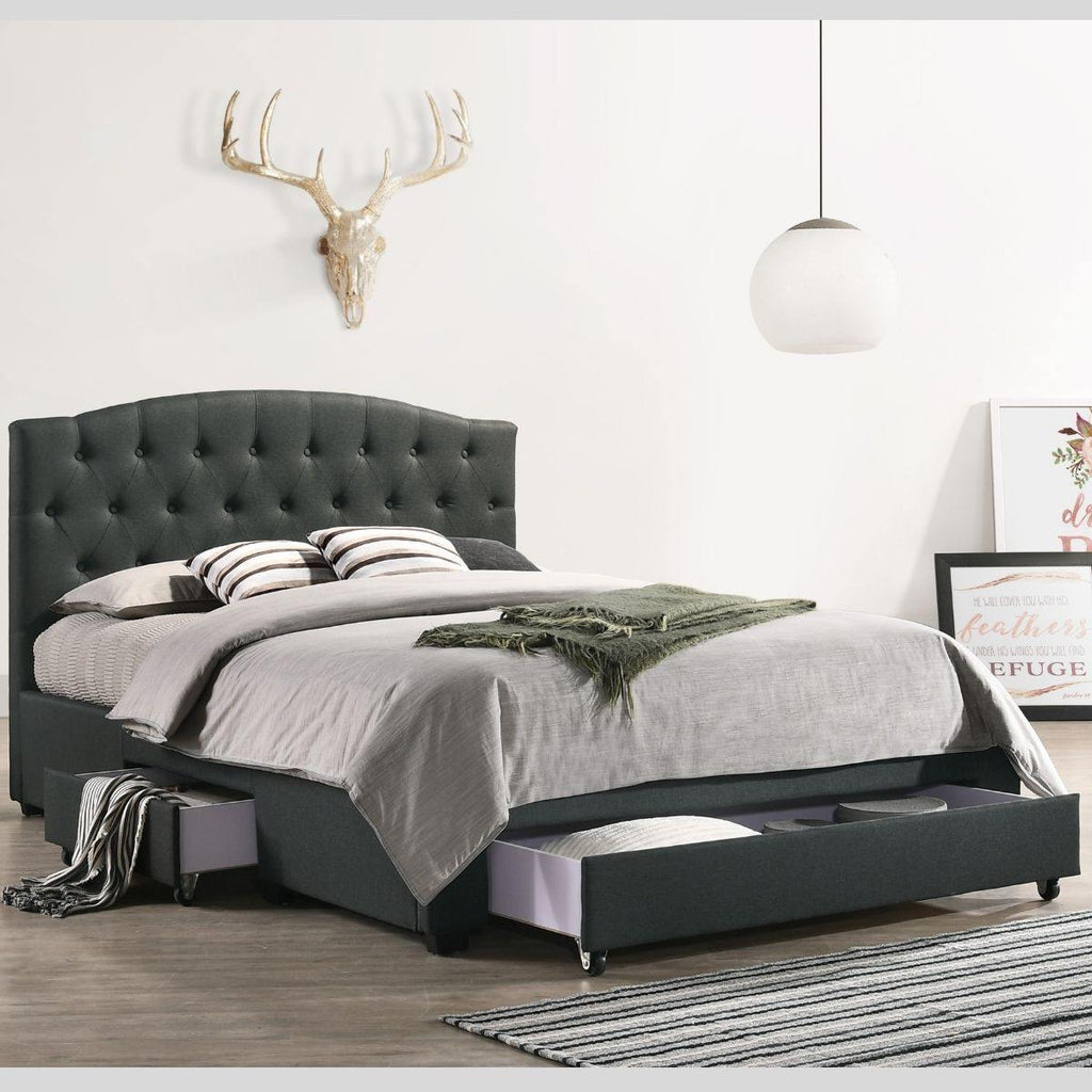 French Provincial Modern Fabric Platform Bed Base Frame with Storage Drawers Queen Charcoal - Housethings 