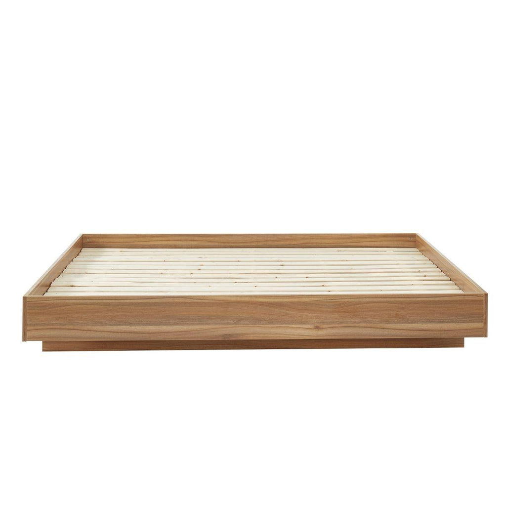 Queen Size Walnut Oak Wood Floating Bed Base - House Things Furniture > Bedroom