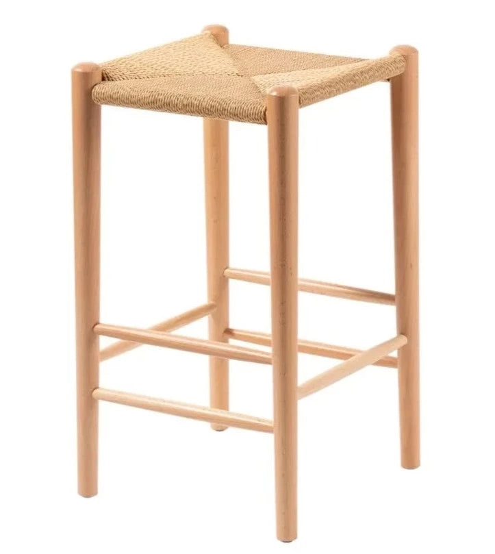 Meisha 65cm Woven Seat Wooden Kitchen Stool - Natural Wood Colour - House Things
