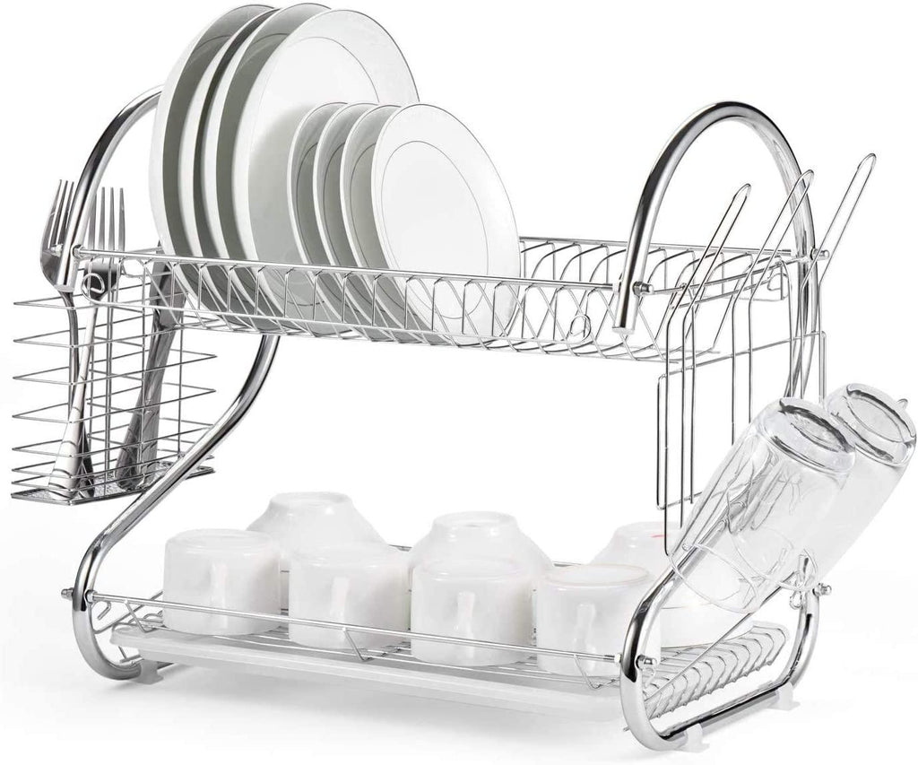 CARLA HOME 2 Tier Dish Rack with Drain Board for Kitchen Counter and Plated Chrome Dish Dryer Silver 42 x 25,5 x 38 cm - House Things Home & Garden > Kitchenware