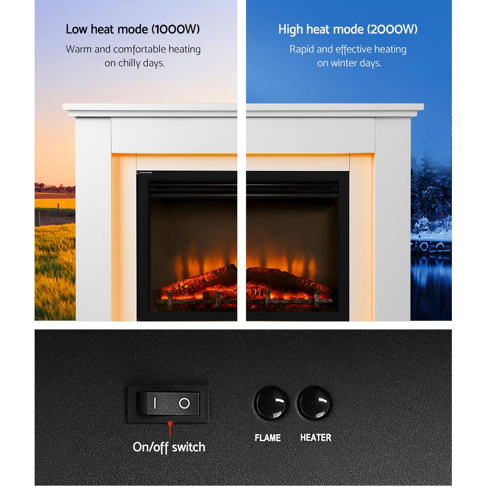 Devanti 2000W Electric Fireplace Mantle Portable Fire Log Wood Flame Effect Whit - House Things Appliances