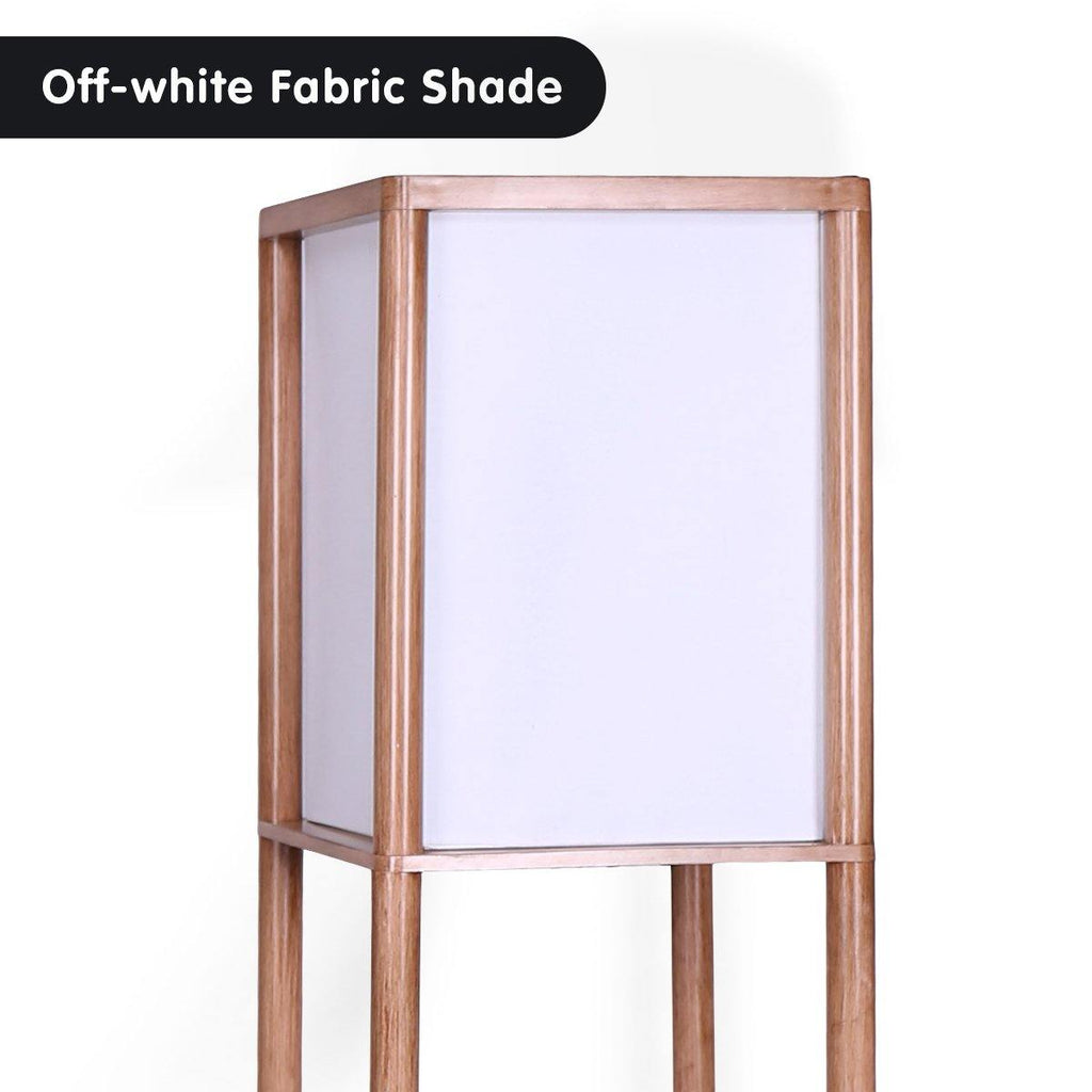 Plastic Etagere Floor Lamp Off-White Fabric Shade in Oak Wood Finish - Housethings 