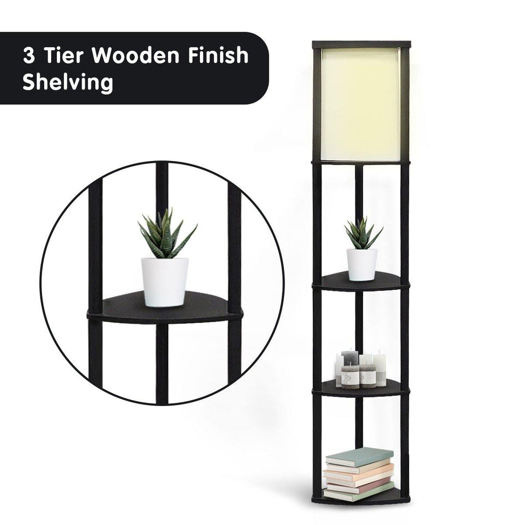 Wood Etagere Floor Lamp in Tripod Shape with 3 Wooden Shelves - Housethings 