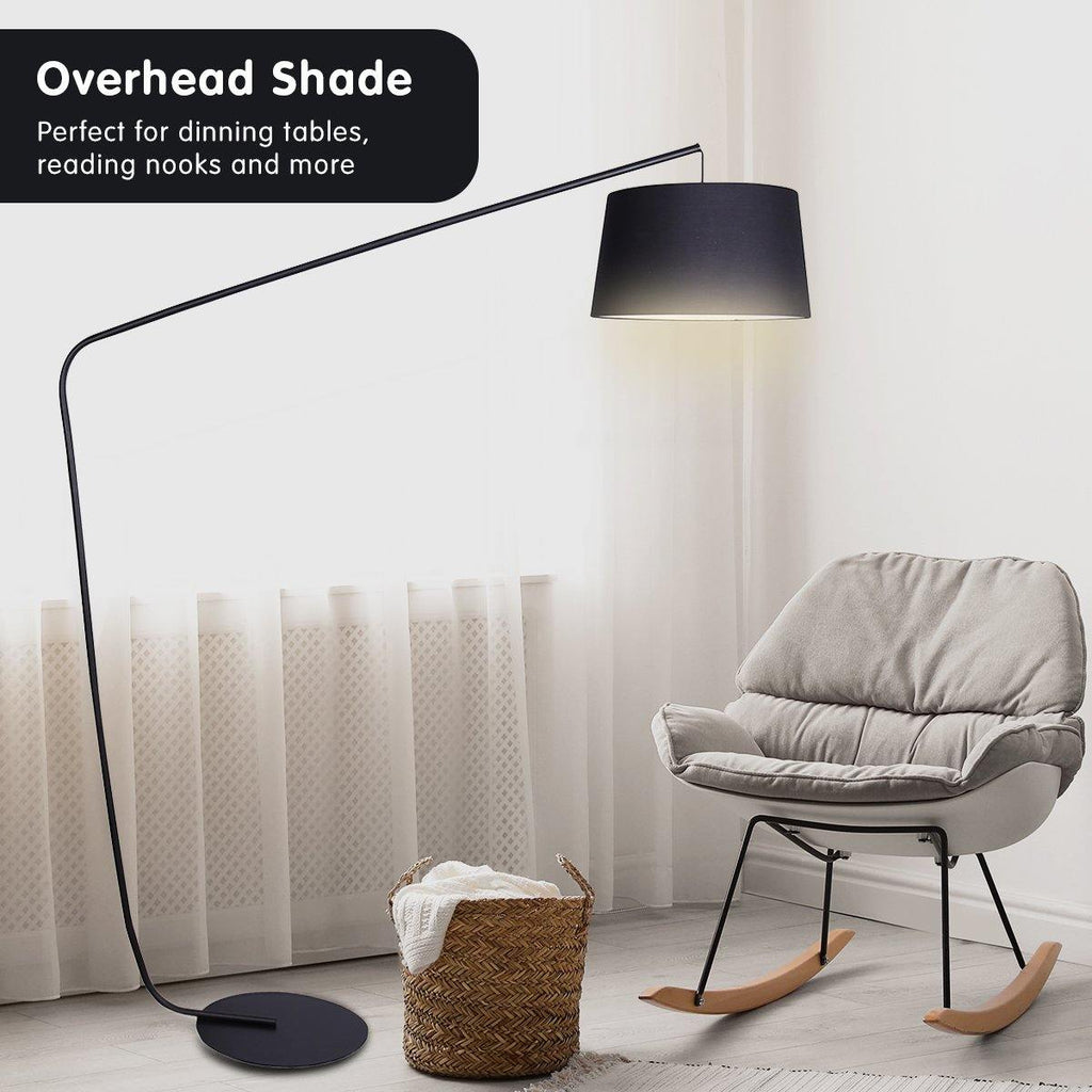 Metal Arc Floor Lamp in Black Finish with Linen Taper Shade - Housethings 