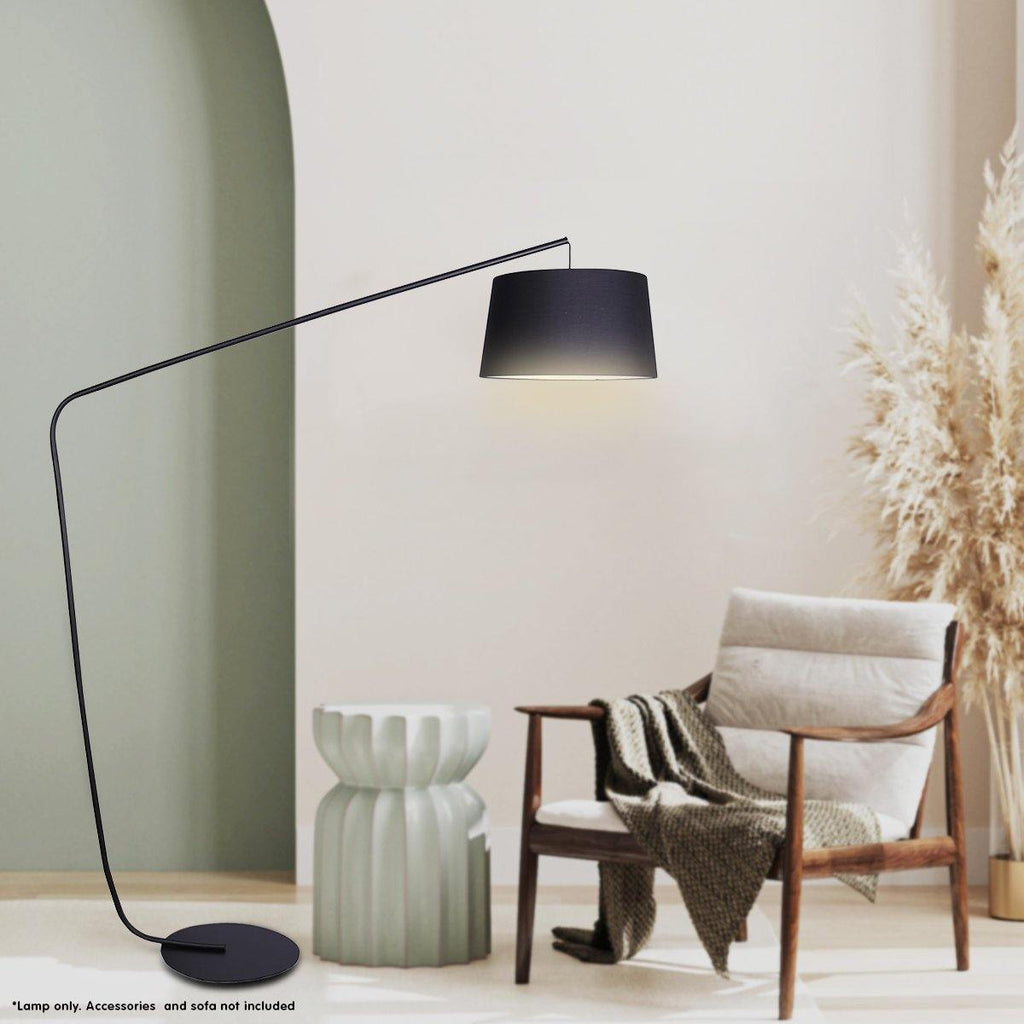 Metal Arc Floor Lamp in Black Finish with Linen Taper Shade - Housethings 
