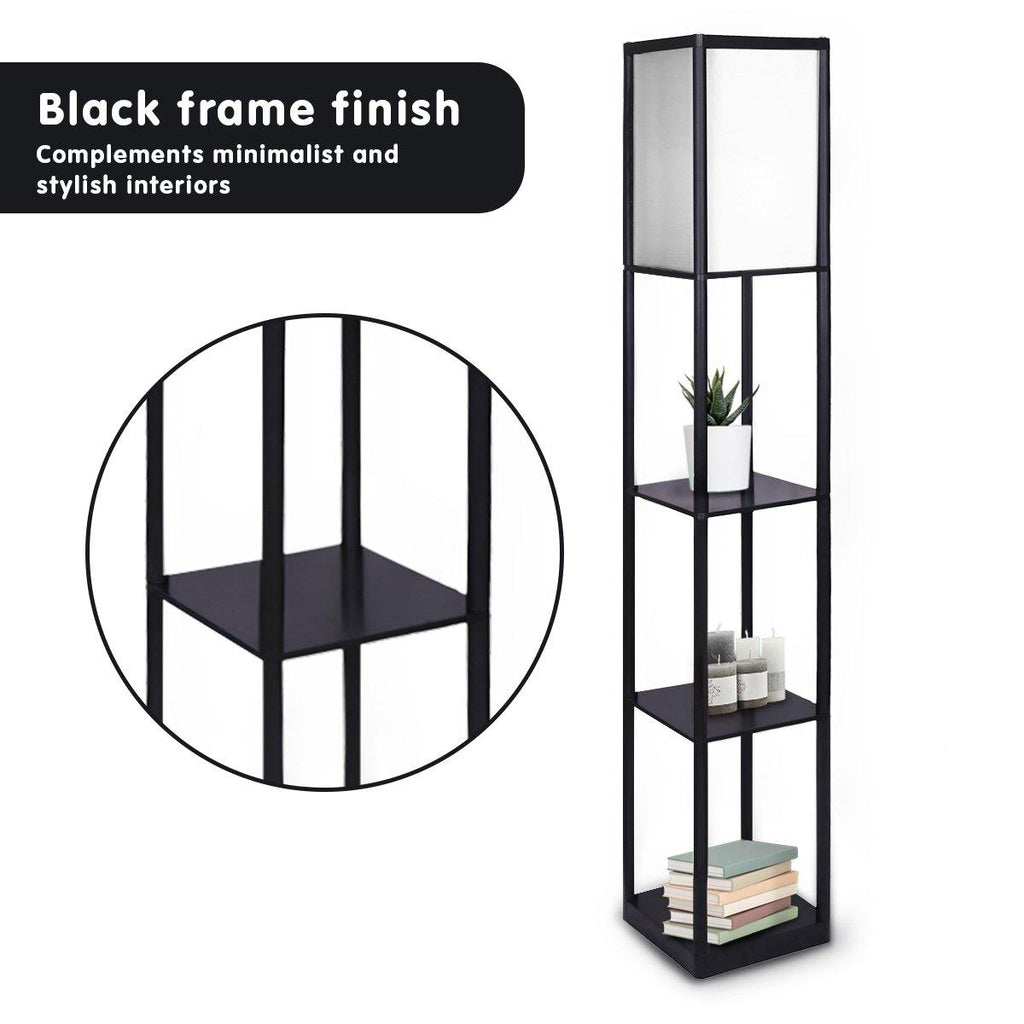 Etagere Floor Lamp Shelves in Black Frame Fabric Shade - Housethings 