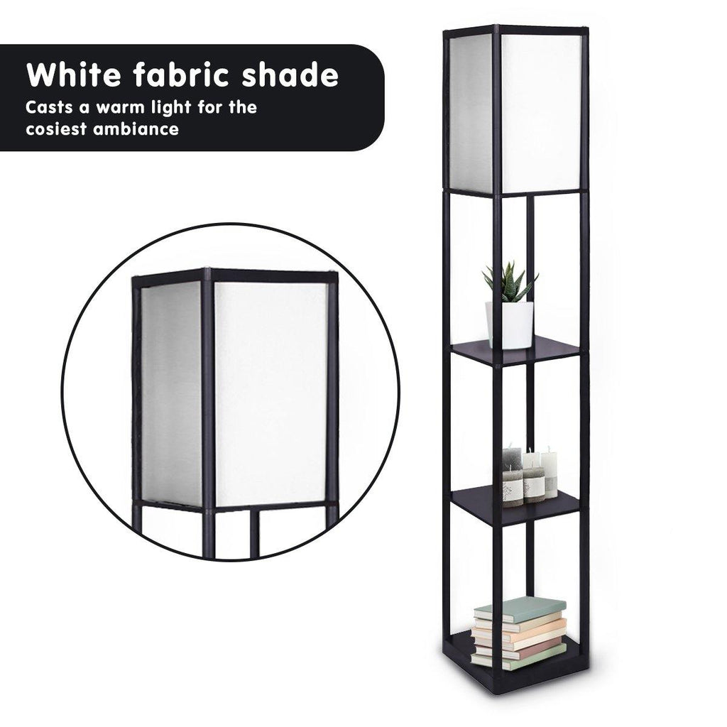 Etagere Floor Lamp Shelves in Black Frame Fabric Shade - Housethings 