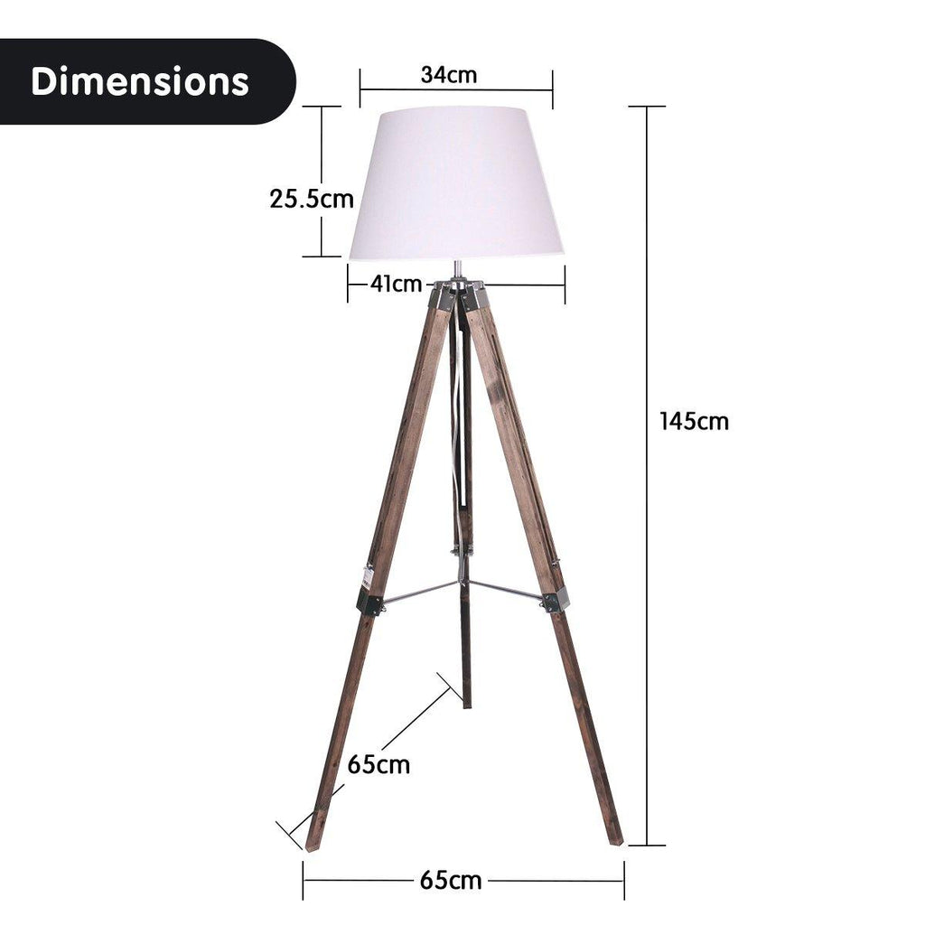 Solid Wood Tripod Floor Lamp Adjustable Height White Linen Taper Shade - Housethings 