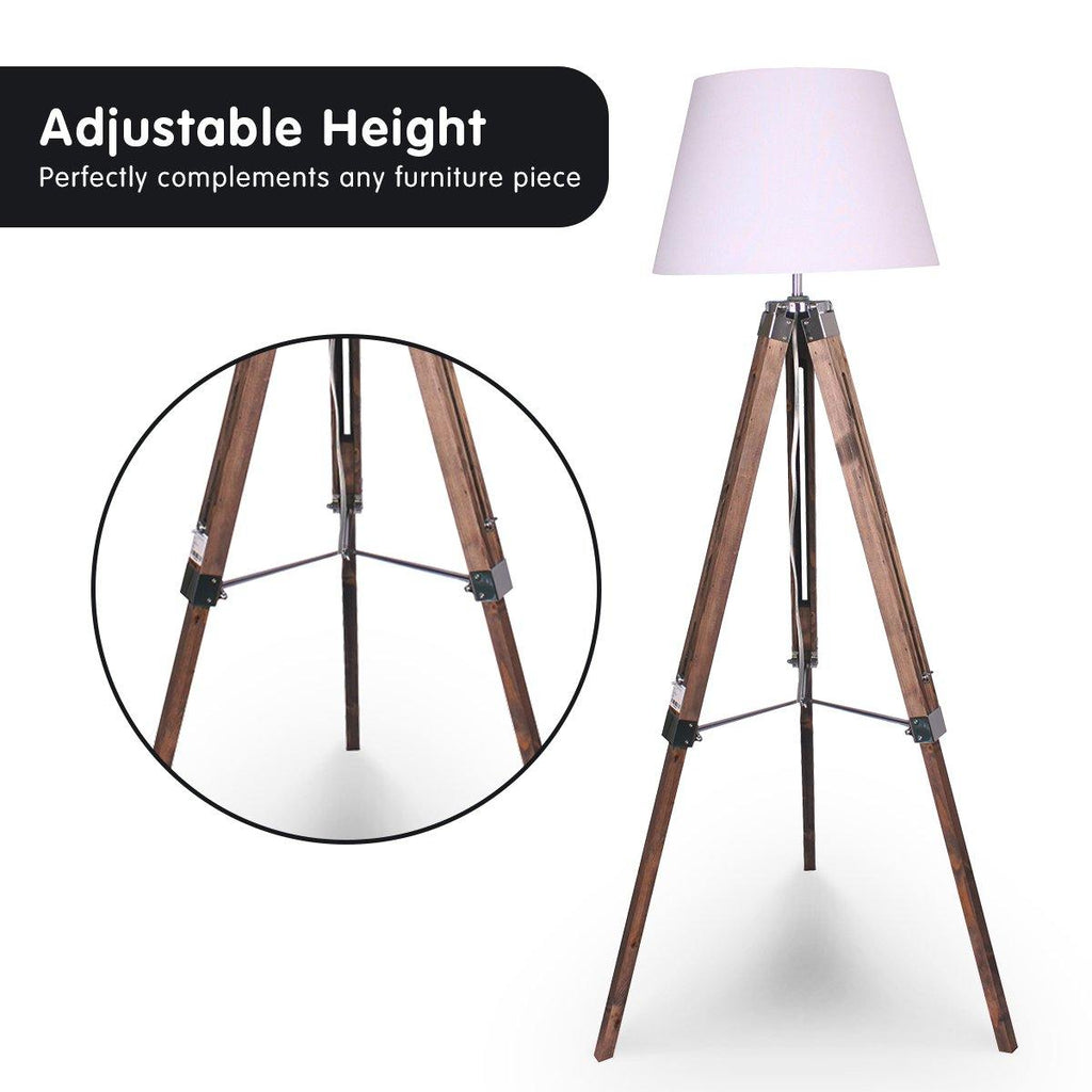 Solid Wood Tripod Floor Lamp Adjustable Height White Linen Taper Shade - Housethings 