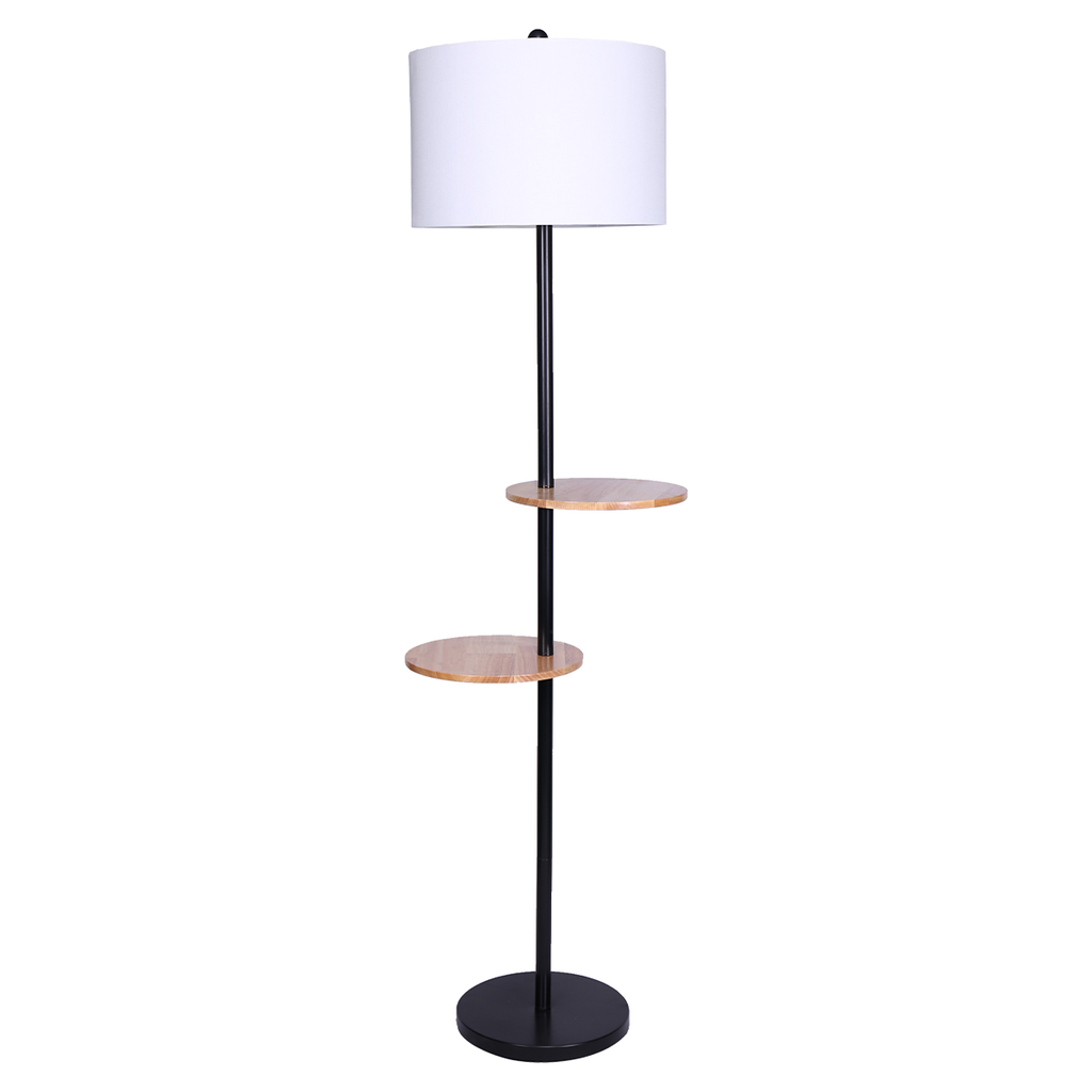 Metal Floor Lamp Shade with  Black Post in Round Wood Shelves - Housethings 