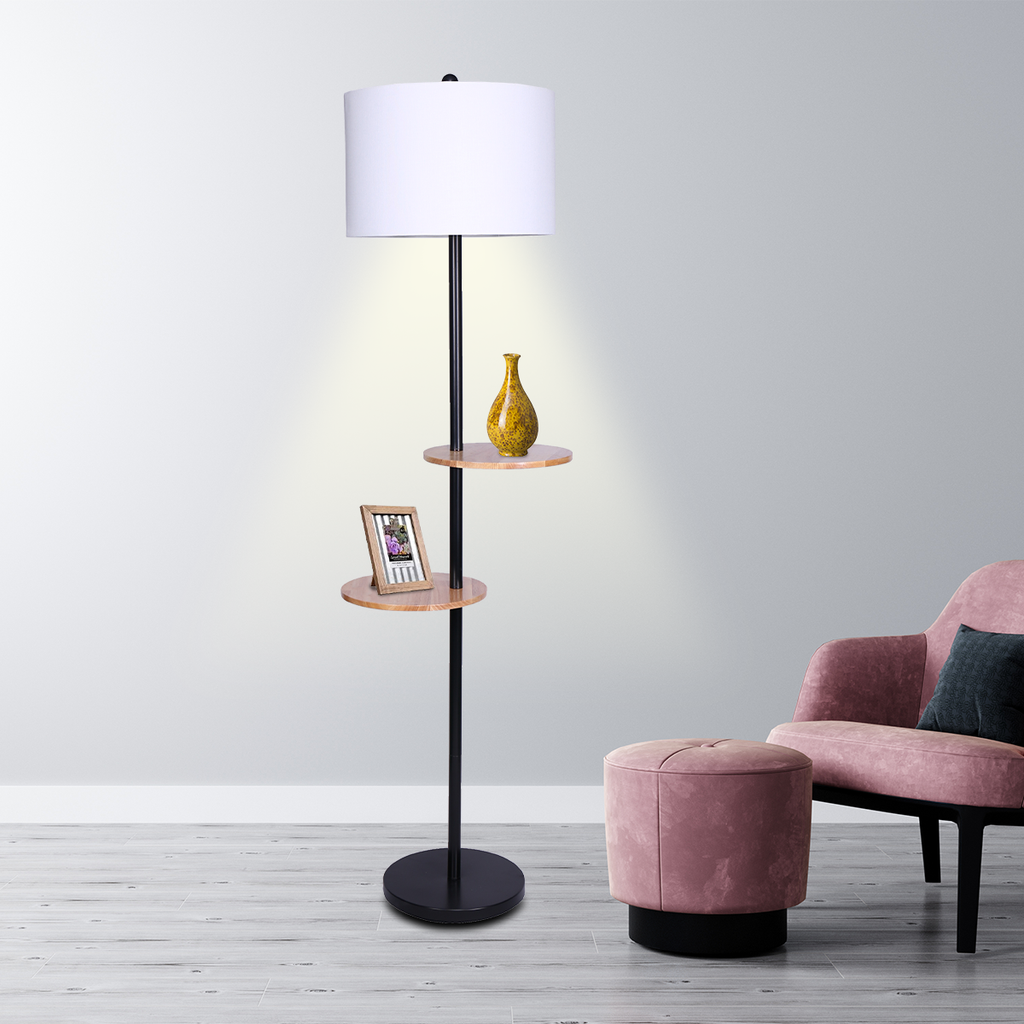 Metal Floor Lamp Shade with  Black Post in Round Wood Shelves - Housethings 