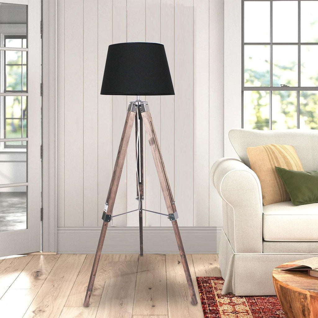 Timber Tripod Floor Lamp Shade Adjustable Height Linen Taper Fabric - Housethings 