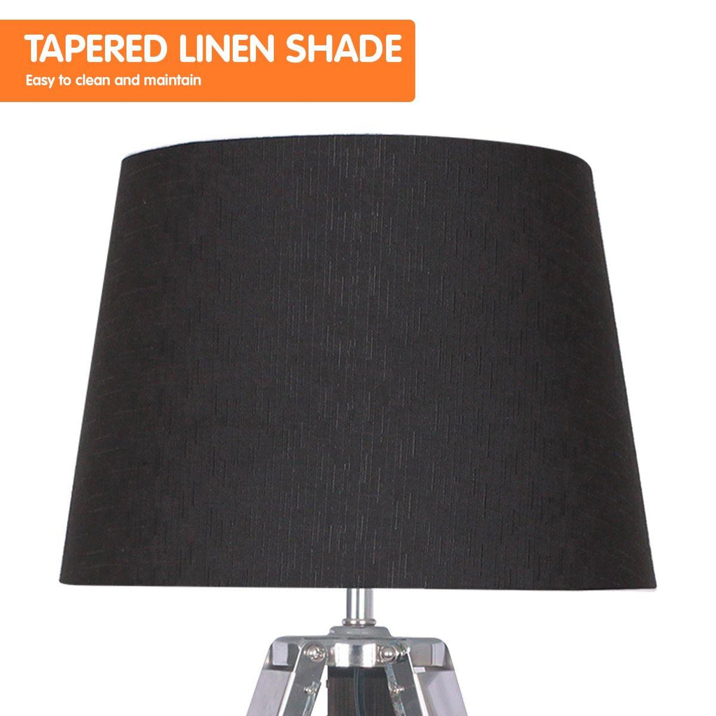 Wooden Tripod Table Lamp With Black Linen Taper Fabric Shade - Housethings 