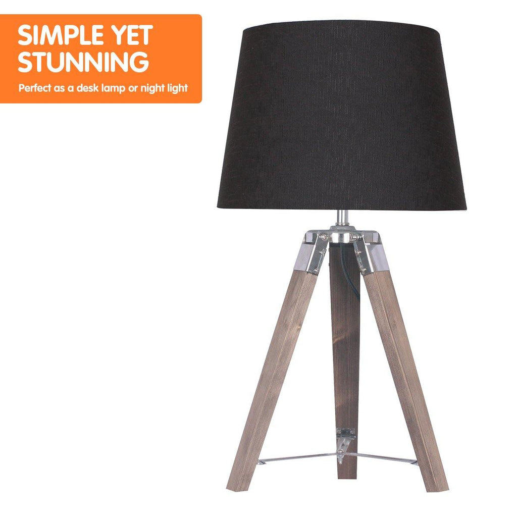 Wooden Tripod Table Lamp With Black Linen Taper Fabric Shade - Housethings 