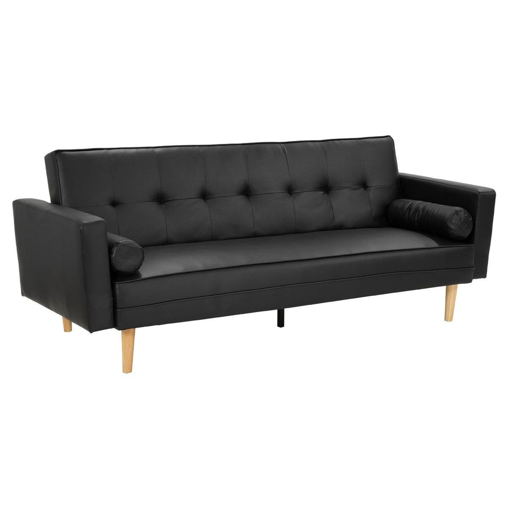 Toby 3 Seater Leather Sofa Bed Couch with Pillows - Black