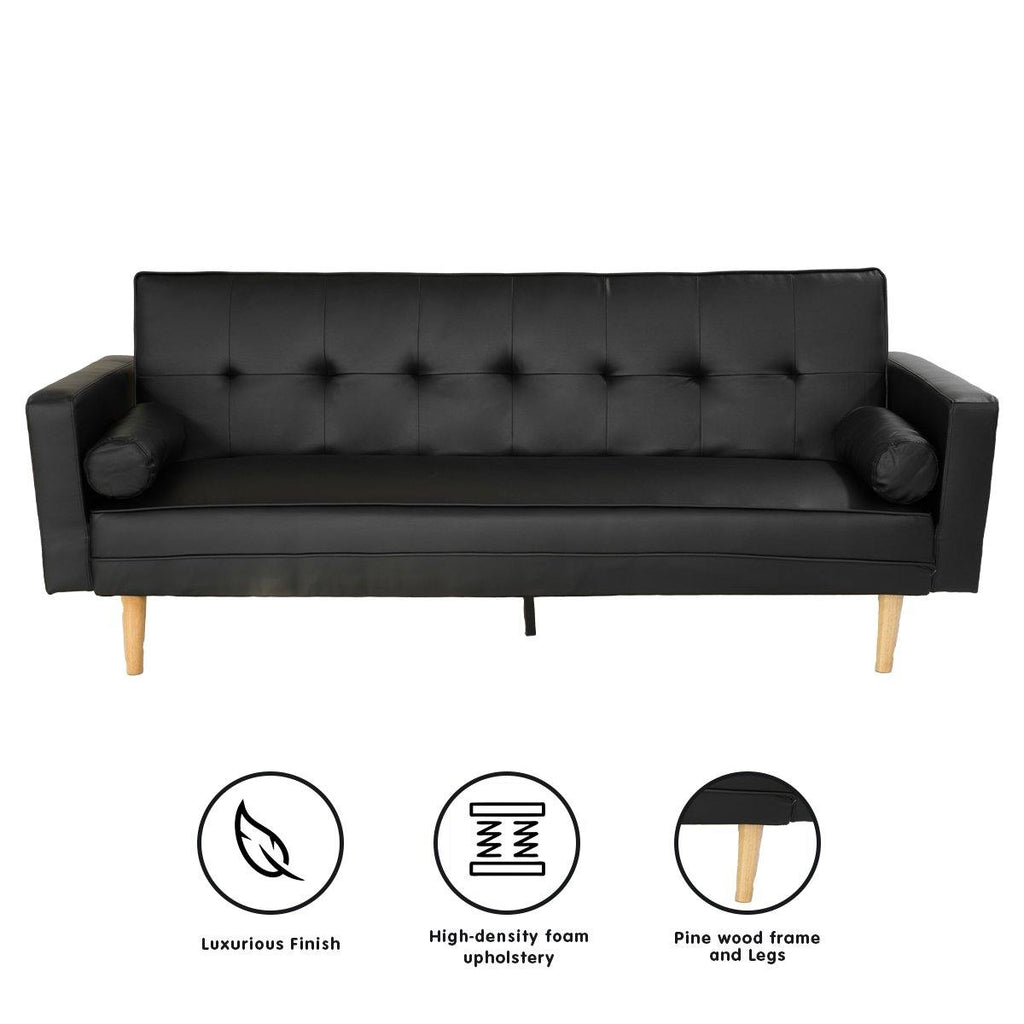 Toby 3 Seater Leather Sofa Bed Couch with Pillows - Black - Housethings 